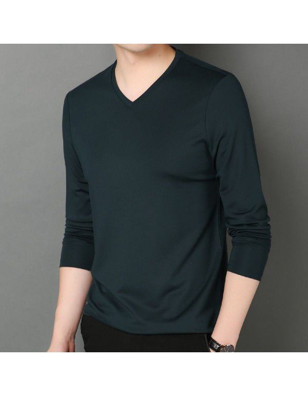 Autumn and Winter V-Neck Men's Long Sleeve Solid Color T-shirt with Silk Youth Fashion Pullover Modal Bottom Shirt