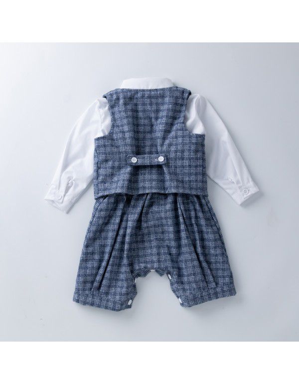 Children's Spring and Autumn Gentlemen's Dress Set Boys' Long Sleeve T-shirt Vest Strap Pants 3PK Set