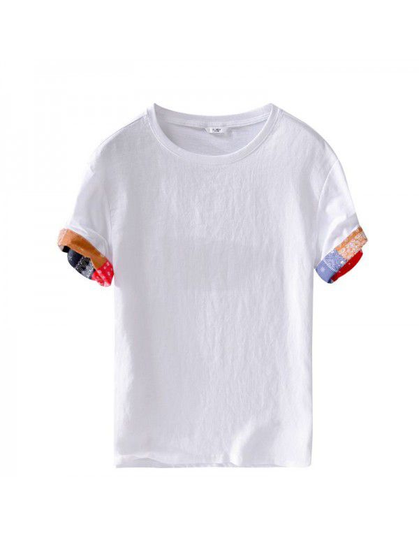 Men's casual linen short sleeved shirt White loose beach trendy men's patchwork cotton linen shirt T-shirt