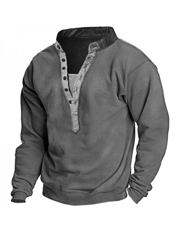 Large T-shirt Men's Outdoor Vintage Khaki Long Sleeve Henley Neck Sweatshirt