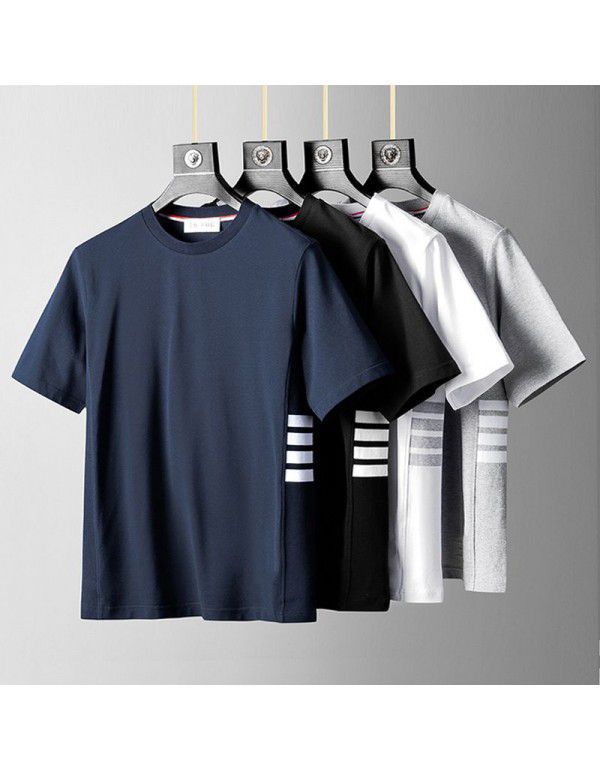 Fashion Brand Half Sleeve Side Stripe Cotton Summer Round Neck Short Sleeve T-shirt Casual Fashion Men's Couple Dress