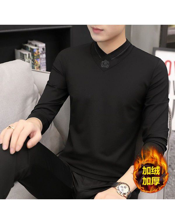 Modal men's long-sleeved t-shirt autumn and winter new slimming trend warm plush v-neck clothes bottoming shirt men 