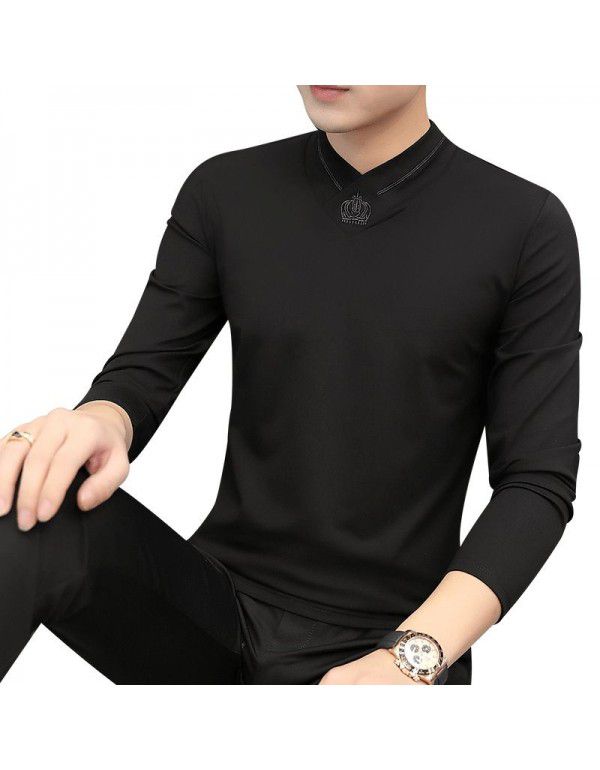 Modal men's long-sleeved t-shirt autumn and winter new slimming trend warm plush v-neck clothes bottoming shirt men 