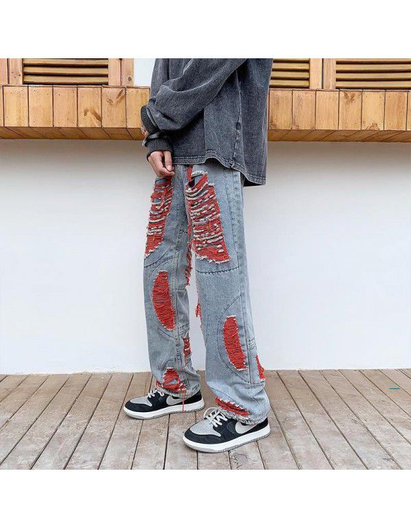 Harajuku style embroidered torn jeans Men's fashion American high street pants Summer loose wide leg mop pants 