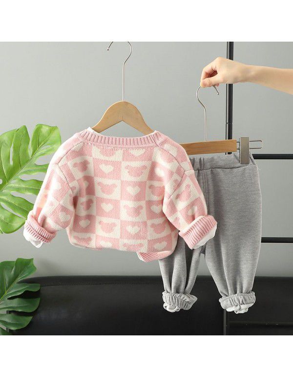 Autumn Girls' Knitted Cardigan Coat Printed Long Sleeve T-shirt Casual Pants 3PK Set