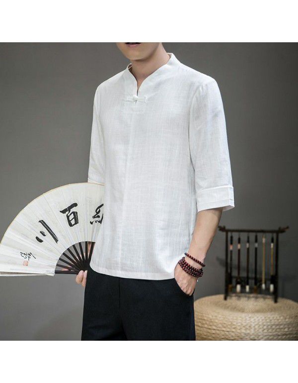 Summer Chinese Style Men's Large Short Sleeve Retro Chinese Style Disc Button Tang Dress Cotton Hemp T-shirt Half Sleeve Top Fashion 