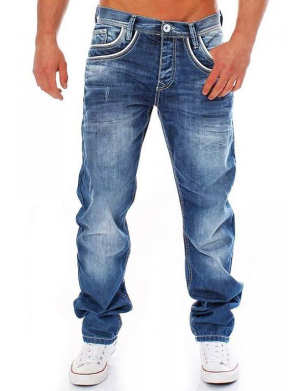 Men's Worn White Pocket Zipper Jeans Fashion Mid Waist Loose Straight Pants