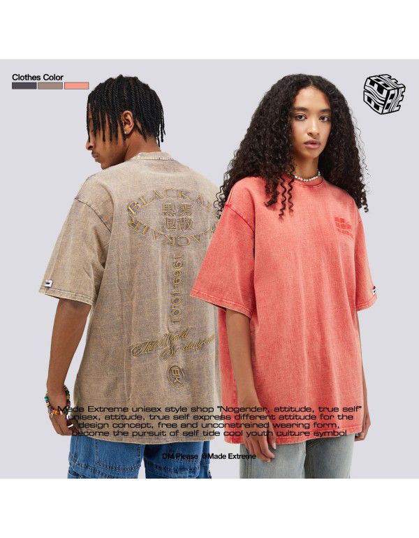 American Street Minority Personality Men's Clothing Embroidery Stir-fried Color Wash Short Sleeve T-shirt Men's and Women's