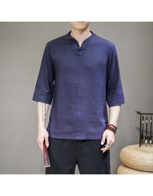 Summer Chinese Style Men's Large Short Sleeve Retro Chinese Style Disc Button Tang Dress Cotton Hemp T-shirt Half Sleeve Top Fashion 