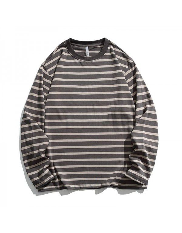 American Cotton Couple Stripe Long Sleeve T-shirt Men's Spring Fashion Brand New Loose Versatile Bottom Shirt Top