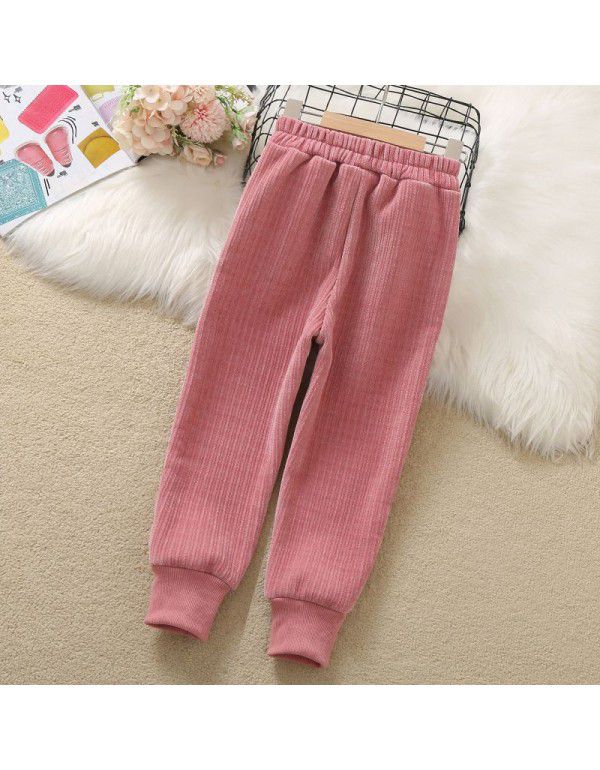 Girls' embroidered pants autumn and winter new plush and thickened leggings Chinese children's Korean casual pants sports pants