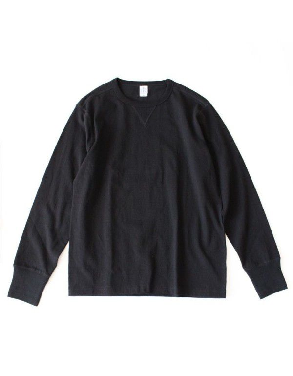 Heavy Weight Retro American Cotton Rough All Cotton Seamless Tube Woven American Roll Collar Long Sleeve T-shirt Men 