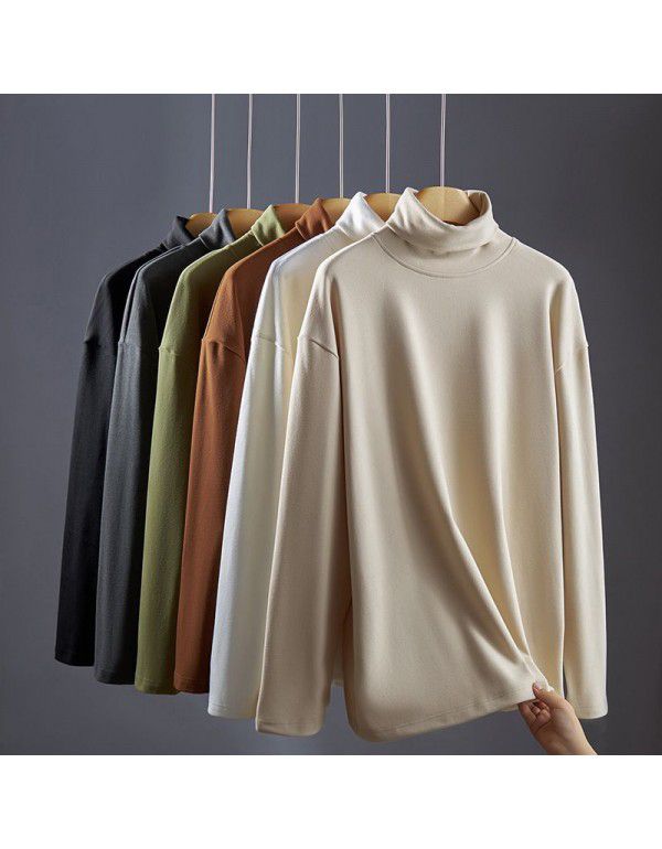 Autumn and Winter New Double Sided German Velvet Thermal Solid Underlay Men's T-Shirt High Neck Japanese Versatile Sweater Top