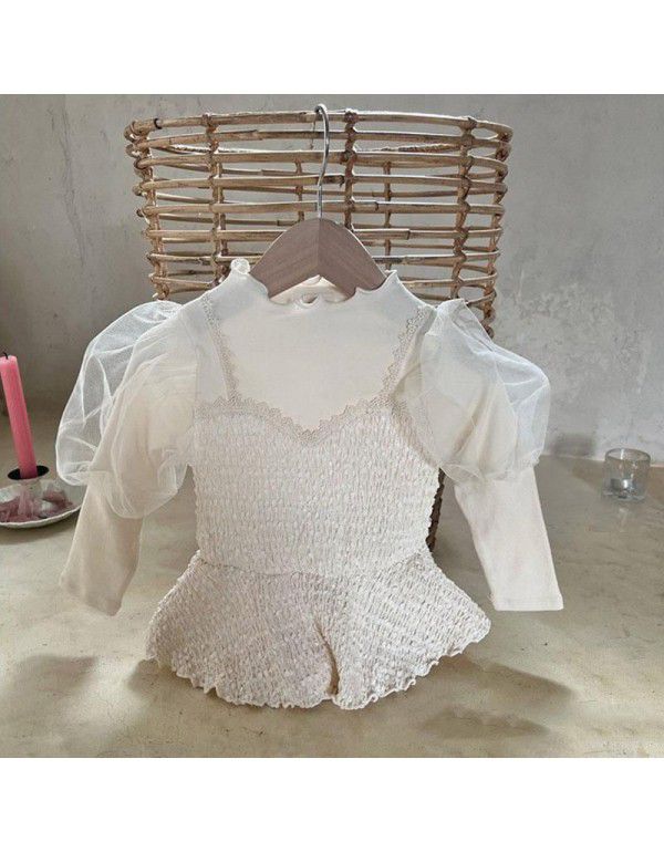 Autumn girls' foreign fashion fake two pieces of bubble sleeve princess long-sleeved top children's fashion sling T-shirt 