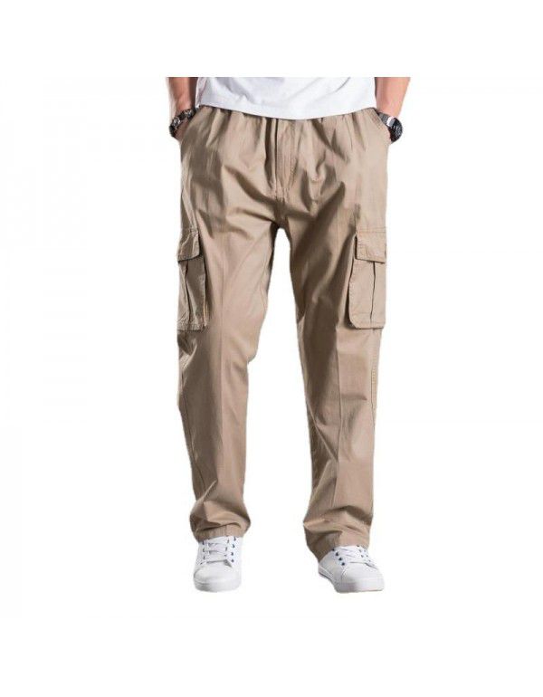 New Men's Water Wash Casual Pants Multi Pocket Fat Work Wear Pants Cotton Loose Large Elastic Waist Fat Guy Pants