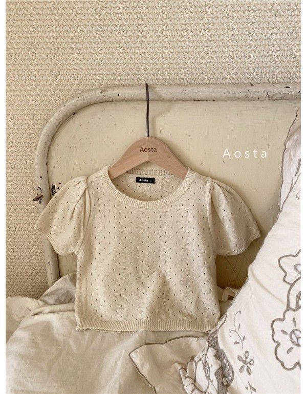 Children's summer new style children's bubble sleeve knitted T-shirt top girls round neck pullover