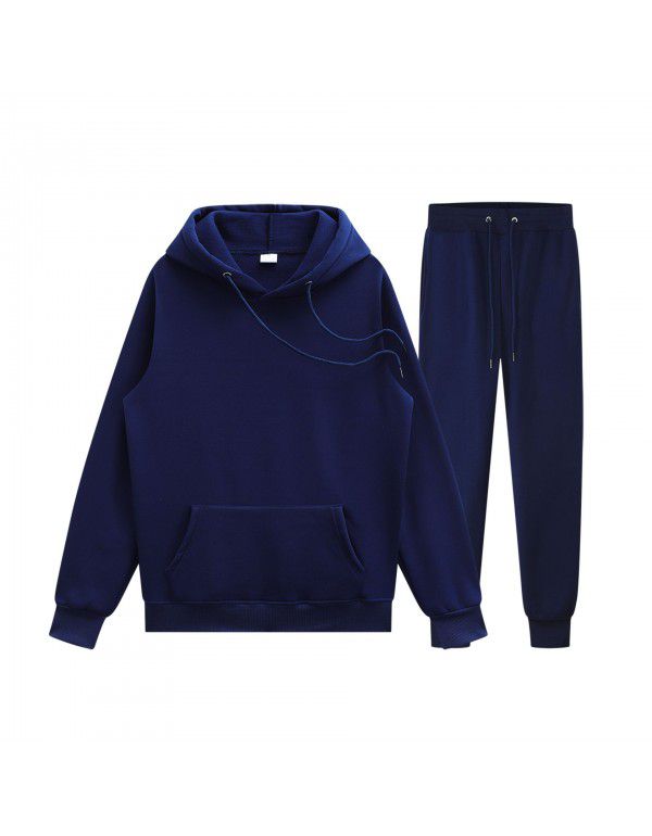 Men's pullover sweater set manufacturer polyester plush sweater hoodie+two-piece set of trousers 