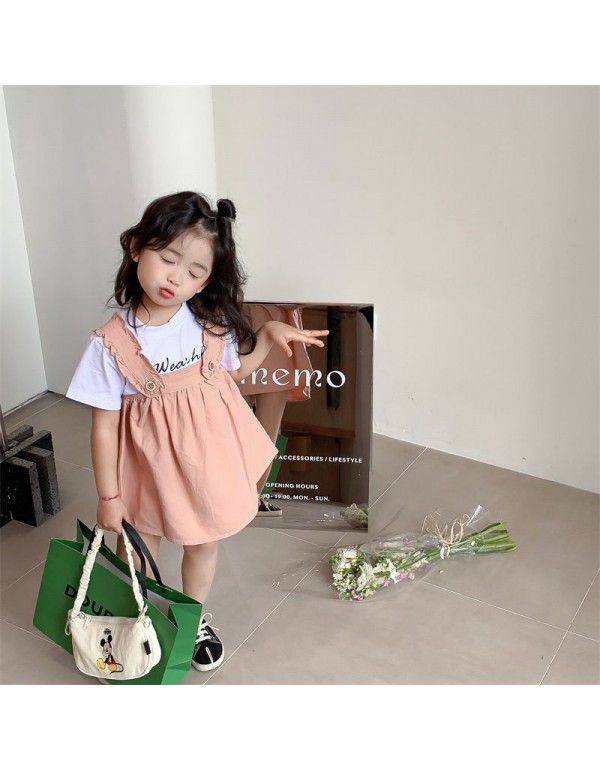 Girls' Strap Dress Set Summer New Korean Women's Treasure Letter T-shirt Short Sleeve Strap Dress Pink