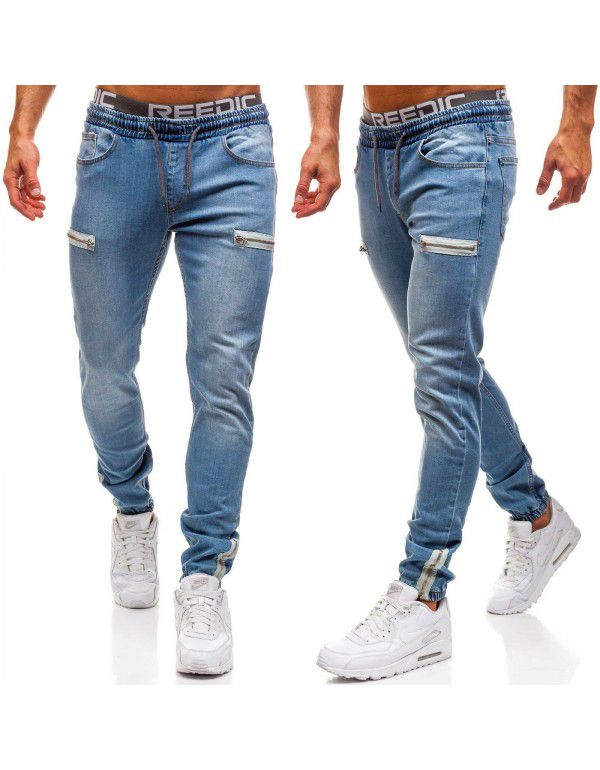 European and American men's denim fabric casual frosted zipper design sports jeans men