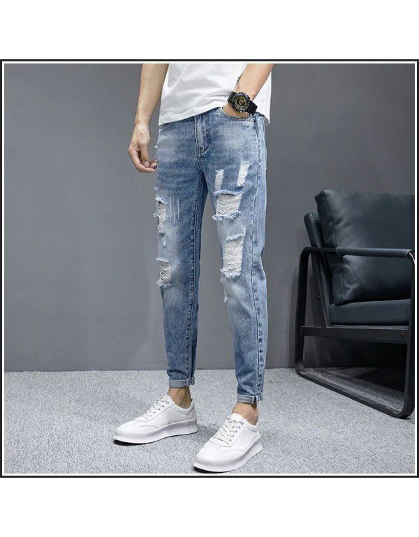 Perforated Pants Jeans Men's Slim Fit Feet Casual Versatile Beggar Fashion Brand Cropped Pants