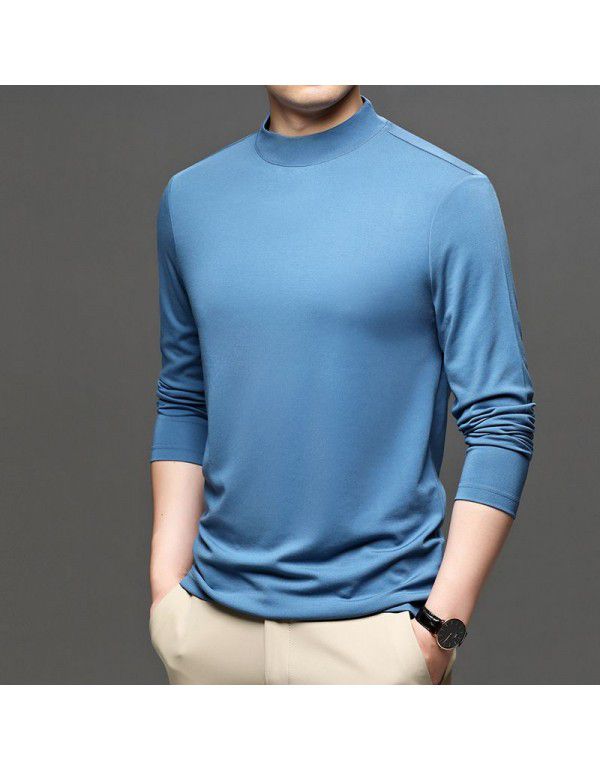 Autumn New Brand Men's Wear Solid Color Men's Pullover Fashion City Middle Neck Underlay T-shirt Silk Men's T Shirt