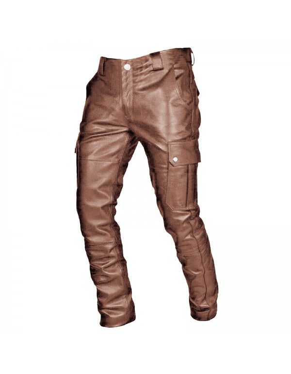 Men's Pocket Punk Vintage Gothic Leather Pants PU Strap Casual Leather Pants