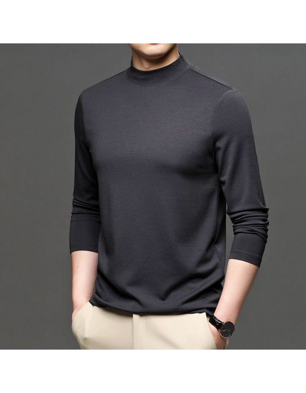 Autumn New Brand Men's Wear Solid Color Men's Pullover Fashion City Middle Neck Underlay T-shirt Silk Men's T Shirt