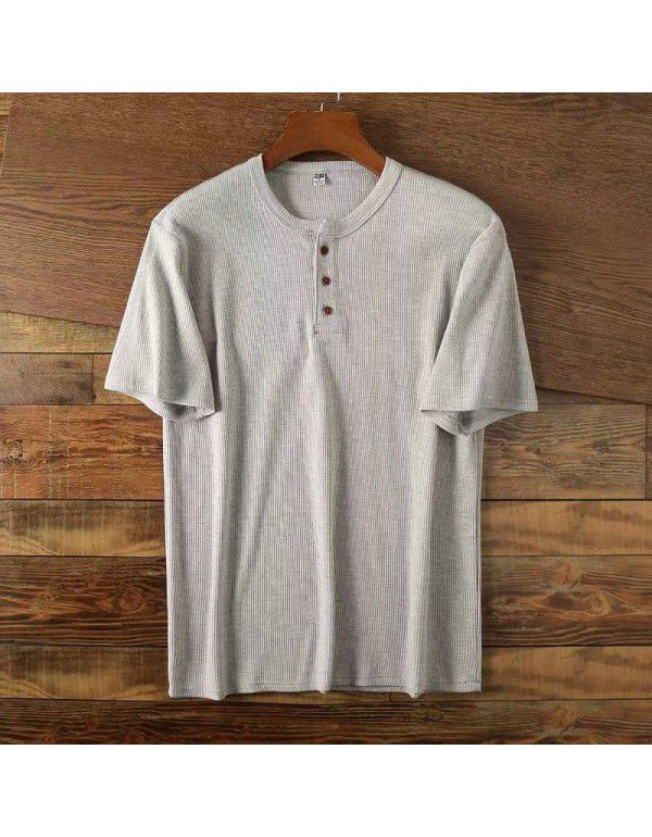 Vintage Henry Neck Men's Solid Loose Versatile Knitted Large Short Sleeve Men's T-Shirt 