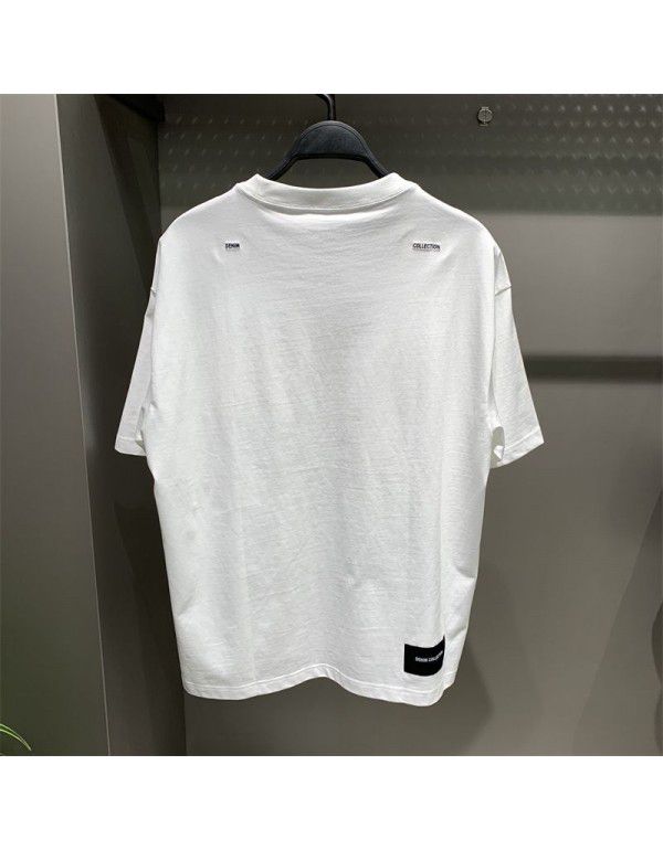 Spring/Summer New Men's Denim Panel Wide White Short Sleeve T-Shirt