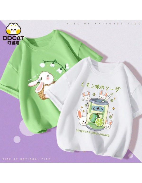 Girls' Short Sleeve T-shirt Summer Cartoon Print Cotton Half Sleeve T-shirt Medium and Big Kids