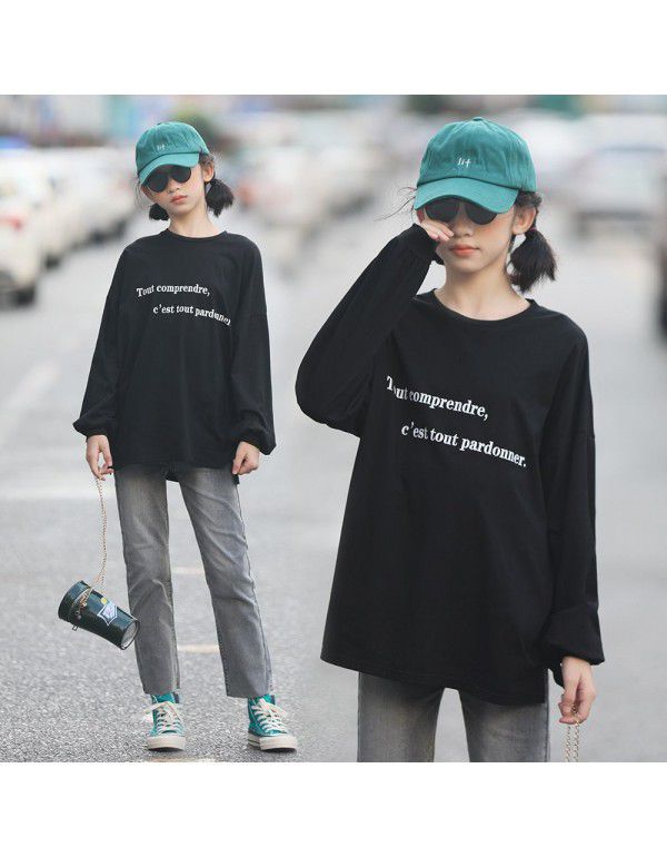 Girls' loose printed cotton T-shirt Long middle and large children's top Japanese and Korean casual fashion manufacturers