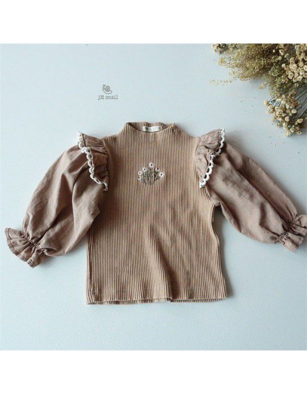 Girls' Westernized Embroidery Flower Small Filigree Bottom Top Small and Medium Girls' Knitted T-shirt ins