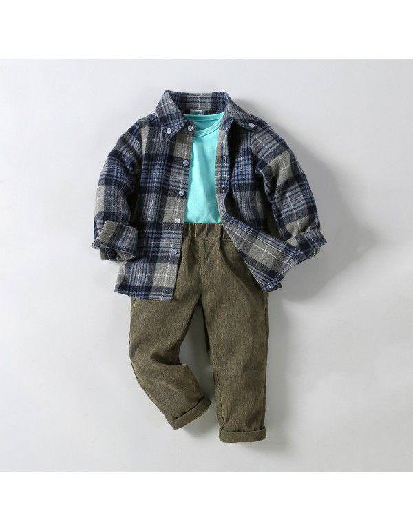 Boys' plaid shirt outerwear knitted T-shirt corduroy pants 3-piece set for children