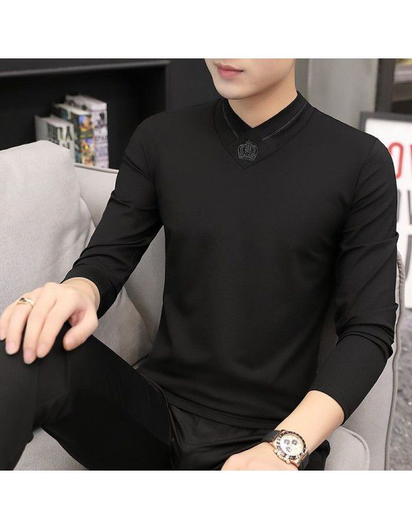 Modal men's long-sleeved t-shirt autumn and winter new slimming trend warm plush v-neck clothes bottoming shirt men 