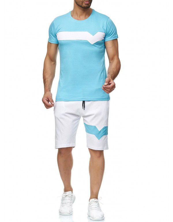 New men's summer sports suit men's short sleeve short cotton color contrast casual sports suit men 