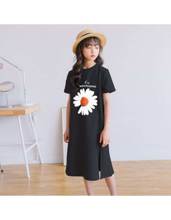 Summer New Medium to Large Kids Korean Version Loose Medium to Long T-shirt Girls Little Daisy Short Sleeve Top 