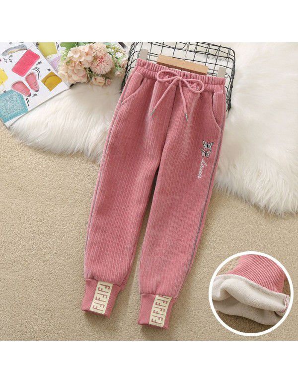 Girls' embroidered pants autumn and winter new plush and thickened leggings Chinese children's Korean casual pants sports pants