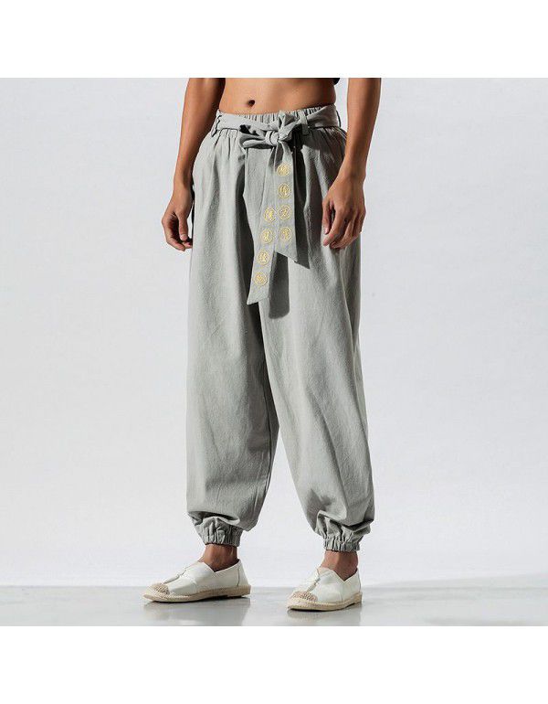 Spring and Summer New Men's Casual Cotton Linen Pants Men's Chinese Style Loose Embroidered Harun Pants Linen Pants