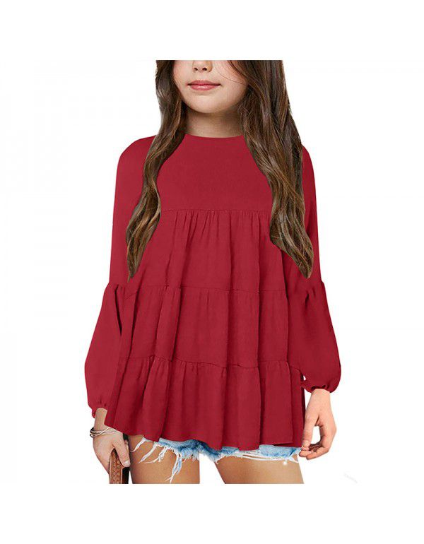 Amazon Kids' Solid Color Spliced Round Neck Top Fashion Pullover Casual Lantern Long Sleeve Underlay Shirt