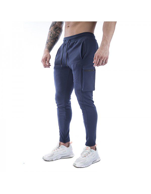 Men's sports pants stretch cotton casual small leg large zip pocket men's pants 