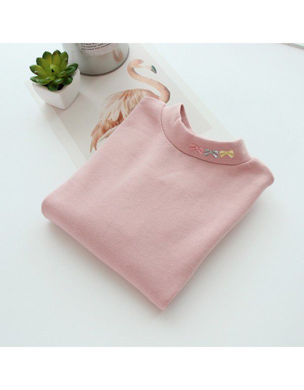 Children's cotton bottom shirt, girl's half-high neck T-shirt, medium and large children's versatility, autumn clothes, thick autumn and winter style 