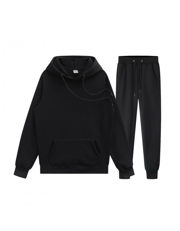 Men's pullover sweater set manufacturer polyester plush sweater hoodie+two-piece set of trousers 