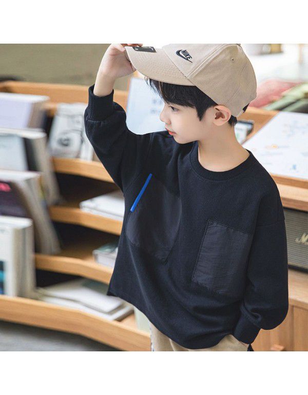 Boys' Long Sleeve T-shirt New Autumn Children's Top Medium and Large Children's Patch Round Neck Children's Pullover Bottom Shirt