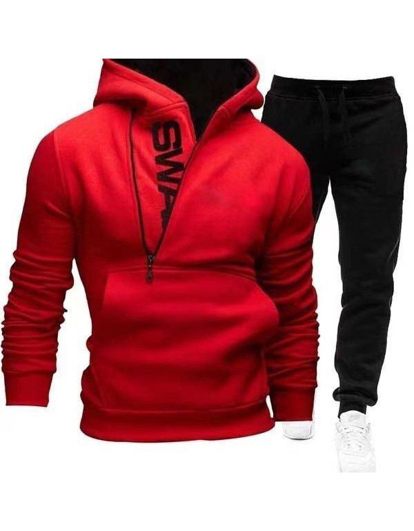 New Men's Hooded Oblique Zipper Print Cover Two Piece Sweater Pants Outer Set