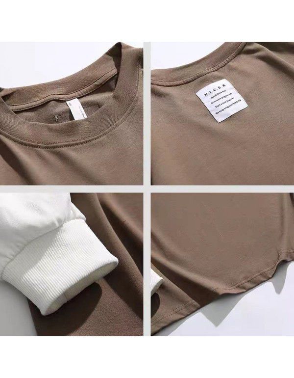 Spring New Cotton Fake Two Pieces Long Sleeve T-shirt Men's Fashion Couple Loose Sweater With Underlay Shirt Men