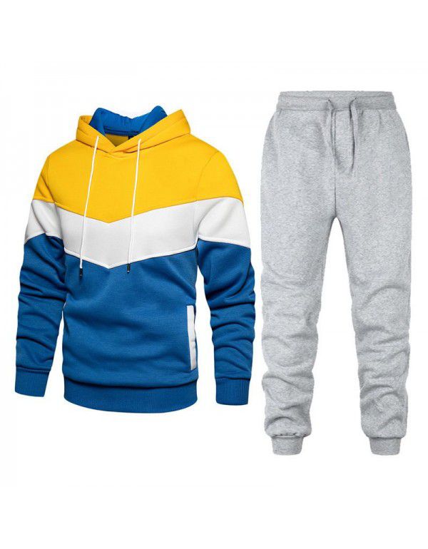 Men's sports suit fashion casual spring and autumn patchwork hooded sweater pants two-piece set 