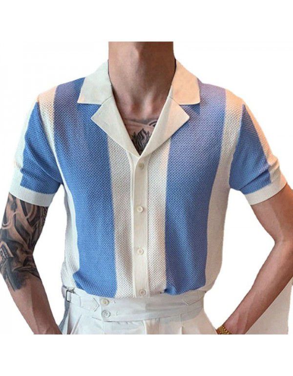 Japan and South Korea New Men's Summer Temperament Shirt Neck Knit Panel Contrast Color Business