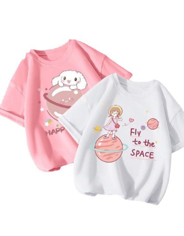 Girls' Short Sleeve T-shirt Summer Cartoon Print Cotton Half Sleeve T-shirt Medium and Big Kids