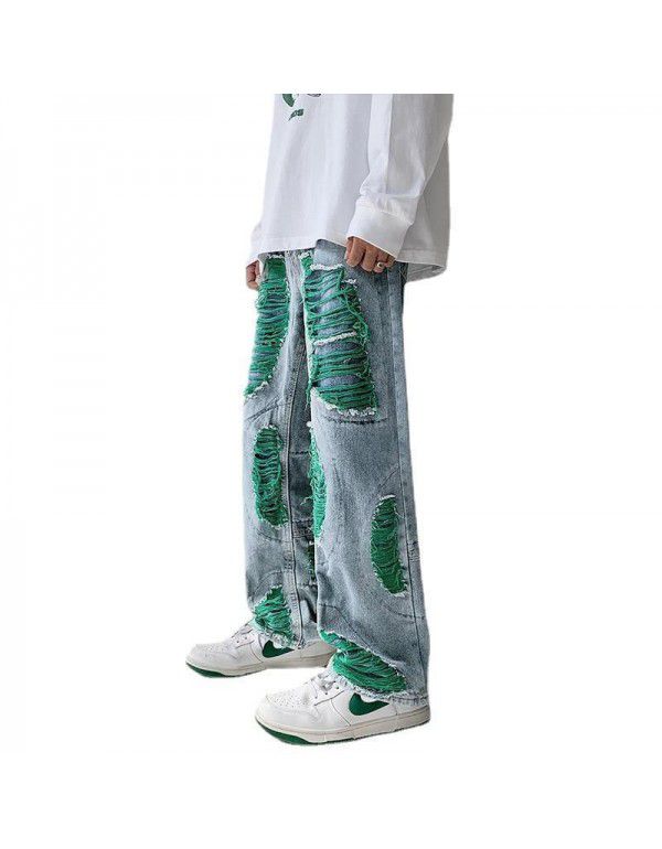 Harajuku style embroidered torn jeans Men's fashion American high street pants Summer loose wide leg mop pants 