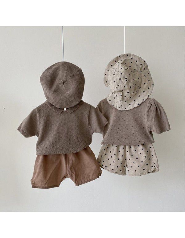 Children's summer new style children's bubble sleeve knitted T-shirt top girls round neck pullover